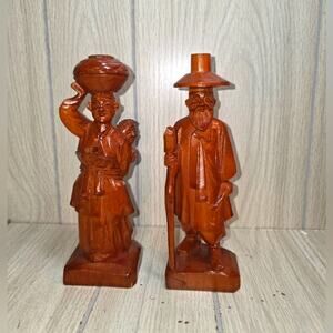 Vtg Hand Carved Wood Asian Couple Man And Woman Carrying Baby On Her Back